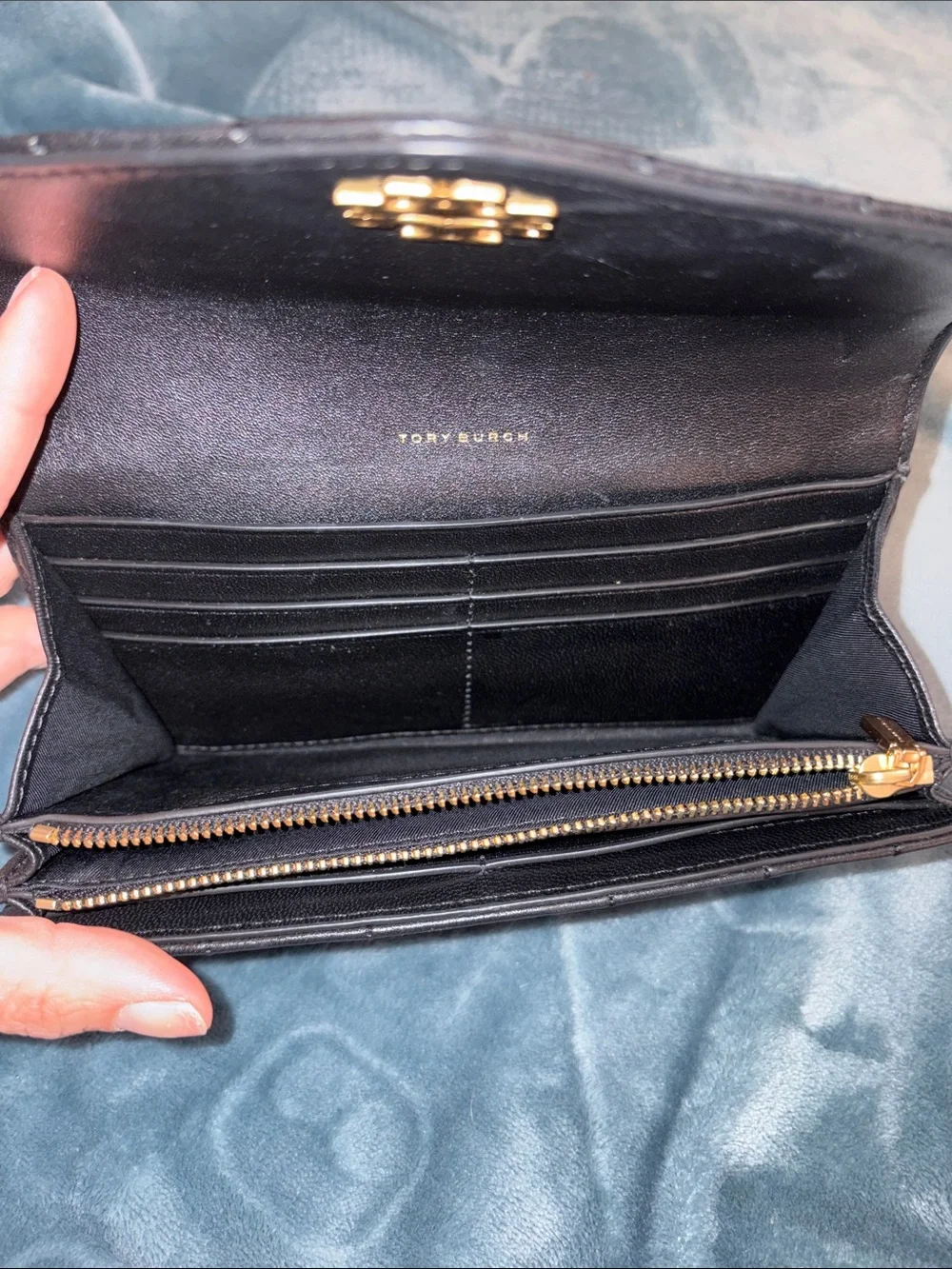 Tory Burch Black Quilted Kira tie lock envelope wallet